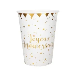 10 Gobelets "Joyeux Anniversaire" - Blanc / Or