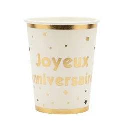 10 gobelets "Joyeux Anniversaire" en carton - 25 cl - Collection Anniversaire Blanc et Or