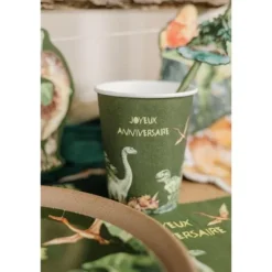 6 gobelets "Joyeux Anniversaire" en carton - 255 ml - Collection Dinosaures