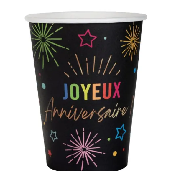 6 gobelets "Joyeux Anniversaire" en carton - 27 cl - Collection Festicolor - Couleur au choix