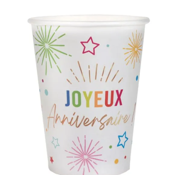 6 gobelets "Joyeux Anniversaire" en carton - 27 cl - Collection Festicolor - Couleur au choix
