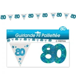 Guirlande pailletée d’anniversaire "80" - Turquoise et argenté