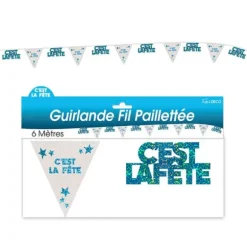 Guirlande pailletée d’anniversaire "C'est la fête" - Turquoise et argenté