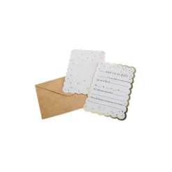 8 Invitations avec enveloppes - Pois et Festons Blanc et Or - 15 cm