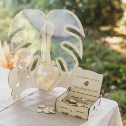 Livre d'or en forme de feuille de monstera en bois avec coffret de 45 feuilles - 28 x 30 cm