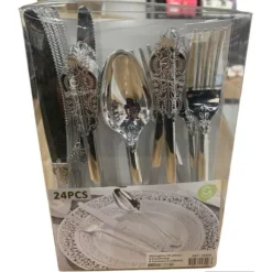 Ménagère de 24 couverts luxueux en plastique métallisés avec motifs - Couleur au choix