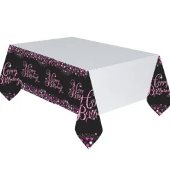 Nappe en Plastique "Happy Birthday" - Rose / Noir