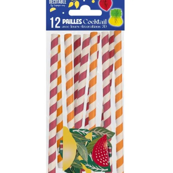 12 pailles cocktails avec décorations 3D - Collection Apéro - Couleur au choix