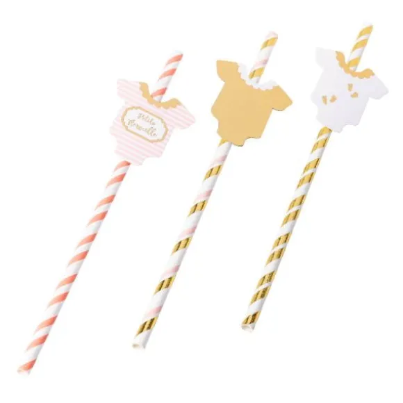 12 pailles en papier avec étiquettes - 19,5 cm - Collection Petite Merveille & Petit Trésor - Modèle au choix