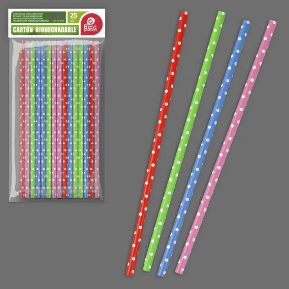 25 pailles multicolores à pois en carton - 19,7 x 0,6 cm