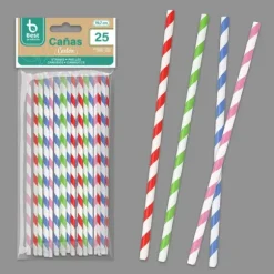 25 pailles multicolores à rayures torsadées en carton - 19,7 x 0,6 cm
