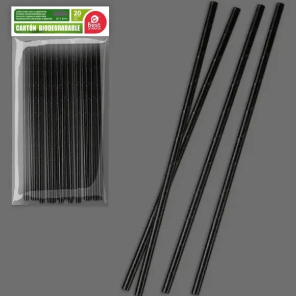 20 pailles noires en carton biodégradable - 19,7 x 0,6 cm