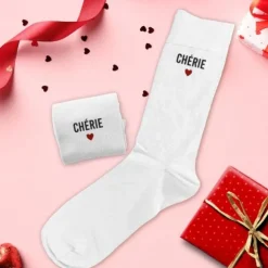 Paire de chaussettes blanches pour femme - Saint-Valentin - Collection Chéri Chérie