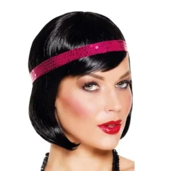 Perruque Charleston Femme Noire avec Bandeau Rose