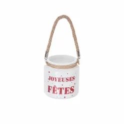 Photophore blanc avec son texte rouge à paillettes "Joyeuses Fêtes" et son anse en corde