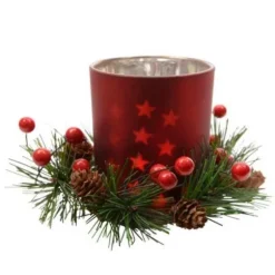 Photophore Effet Miroir Rouge avec Etoiles et Couronne de Noël