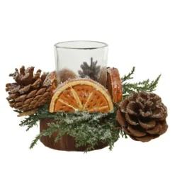 Photophore enneigé de Noël - Pommes de pin et oranges - 9 cm