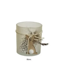 Photophore en verre avec lapin en bois et plumes pour Pâques - 9 cm - Couleur au choix