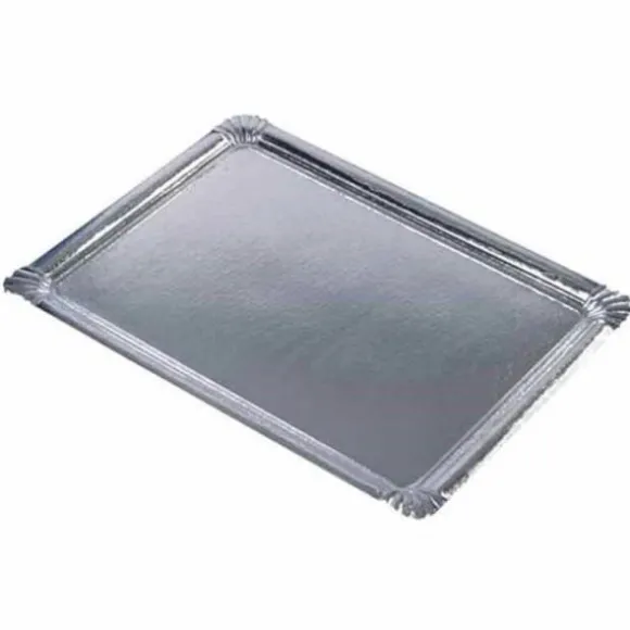 10 Plateaux Rectangulaires Argentés en Carton avec Couche PET - 34 x 45,5 cm