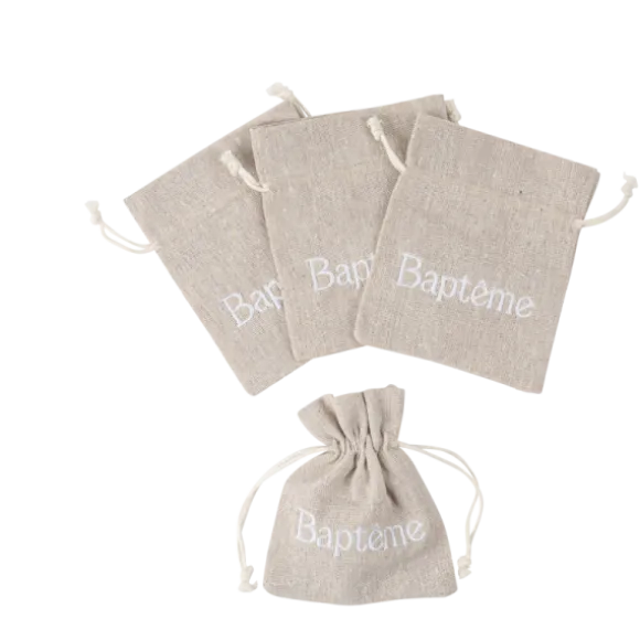 4 pochons "Baptême" en tissu avec effet lin - 9,5 x 11,5 cm