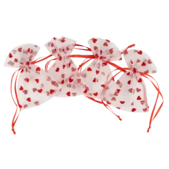 4 pochons blancs avec cœurs rouges en organza - 8 x 10 cm