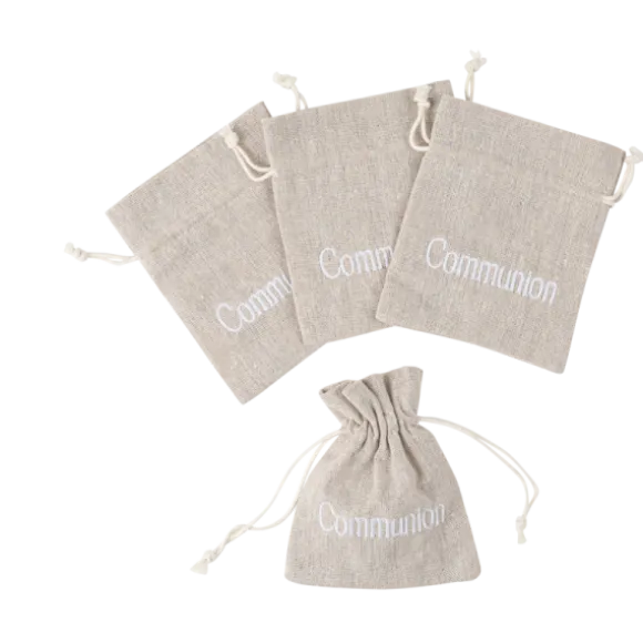4 pochons "Communion" en tissu avec effet lin - 9,5 x 11,5 cm