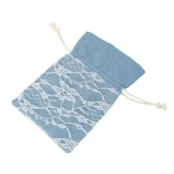 4 pochons jean en toile avec dentelle - 8 x 10 cm - Bleu Clair