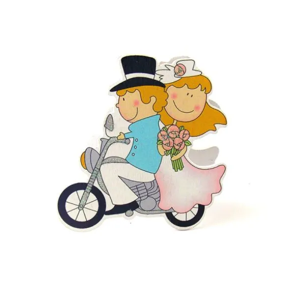 Porte Nom Couple de mariés à moto en bois peint - avec pince en bois