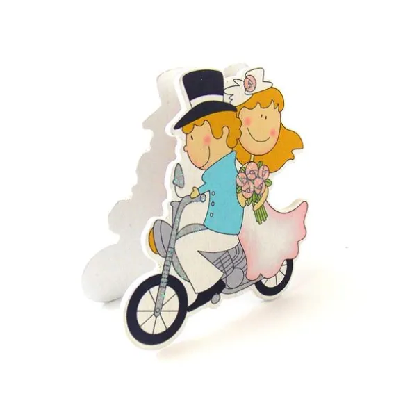 Porte Nom Couple de mariés à moto en bois peint - avec pince en bois