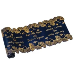 Ruban de Table en Satin Feuilles de Ginkgo Marine et Or