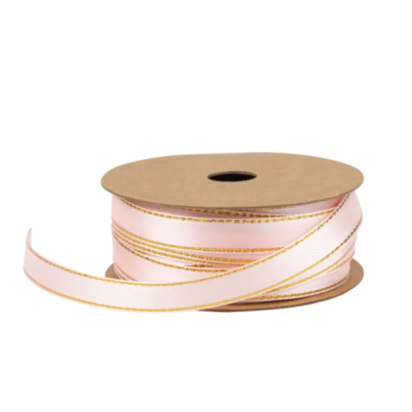 Ruban traditionnel en satin avec liseré doré - 1 cm x 5 m - Couleur Rose