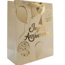 Sac cadeau en papier - Joyeux Anniversaire Blanc & Or - Taille M