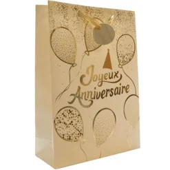 Sac cadeau en papier - Joyeux Anniversaire Blanc & Or - Taille L