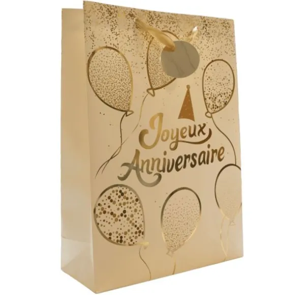 Sac cadeau en papier - Joyeux Anniversaire Blanc & Or - Taille L