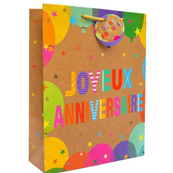 Sac cadeau kraft en papier - Joyeux Anniversaire Coloré - Taille L
