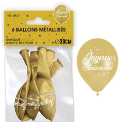 Sachet de 6 ballons Métallisés Or - Joyeux Anniversaire