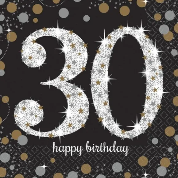 16 Serviettes 30 Ans - Argent / Noir