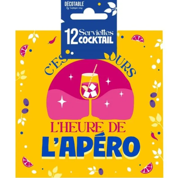 12 serviettes cocktail en papier - 25 x 25 cm - Collection Apéro - Modèle au choix