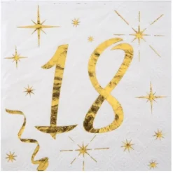 20 Serviettes en Papier Anniversaire - Blanc et Or - 18 ans