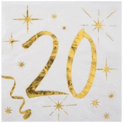 20 Serviettes en Papier Anniversaire - Blanc et Or - 20 ans