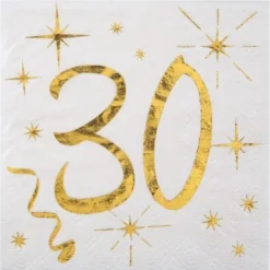 20 Serviettes en Papier Anniversaire - Blanc et Or - 30 ans