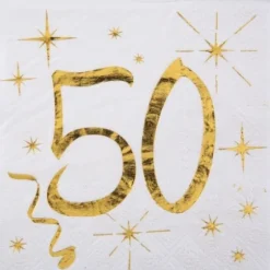 20 Serviettes en Papier Anniversaire - Blanc et Or - 50 ans