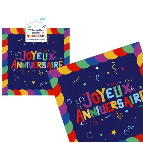 12 serviettes "Joyeux Anniversaire" en papier - 33 x 33 cm - Collection Récréation Multicolore