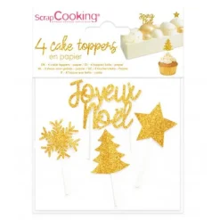 Set de 4 Cake Toppers en papier doré - Noël