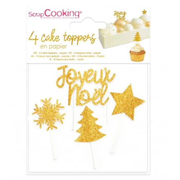 Set de 4 Cake Toppers en papier doré - Noël