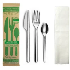 Set de 3 couverts en acier inoxydable avec serviette