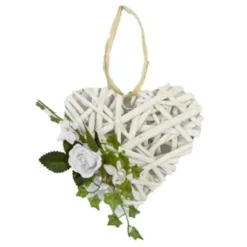 Suspension en Rotin en Forme de Coeur avec Feuillage et Rose