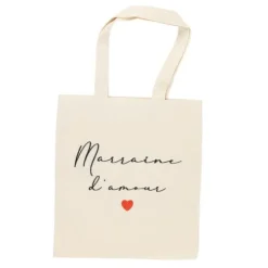 Tote Bag "Marraine d'amour" en tissu avec effet de lin - 32 x 60 cm - Baptême