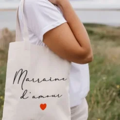 Tote Bag "Marraine d'amour" en tissu avec effet de lin - 32 x 60 cm - Baptême