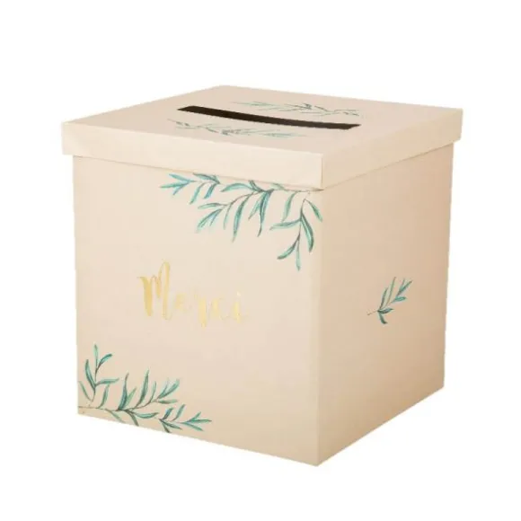 Urne en carton " Merci " - Beige, Or & Feuilles d'Olivier - 25 cm